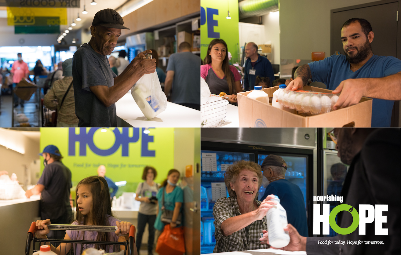 4 photos of neighbors visiting Nourishing Hope to receive food services.